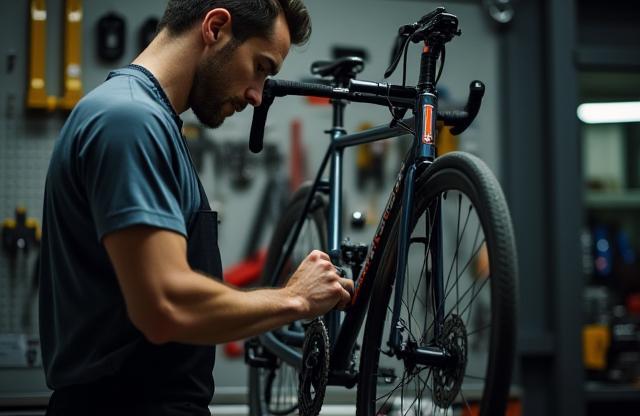 Inside the Gouden Spaak Cycles workshop, skilled mechanics are seen meticulously assembling and repairing bicycles. Tools and components are neatly organized, highlighting a focus on precision and quality craftsmanship in a clean, professional environment.