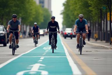 Image showing a cyclist riding safely on a dedicated bike path in a city, with others around, emphasizing community and safety.