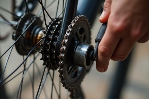 A close-up view of a bicycle's drivetrain, focusing on the chain being carefully cleaned and lubricated by a mechanic.