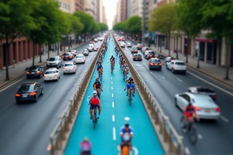 An aerial perspective showing multiple cyclists using a clearly marked bike lane alongside car traffic in a bustling city center, demonstrating safe urban navigation.