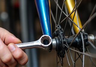 Image showing a mechanic's hand carefully adjusting the brake caliper on a bicycle wheel using a hex key, illustrating brake maintenance.