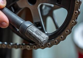 A close-up of a bicycle chain being meticulously cleaned with a brush and cleaning solution, emphasizing the care needed for drivetrain components.