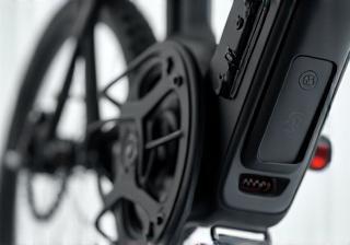 A detailed close-up of a modern e-bike motor mounted near the pedals, revealing its technical components and integration.