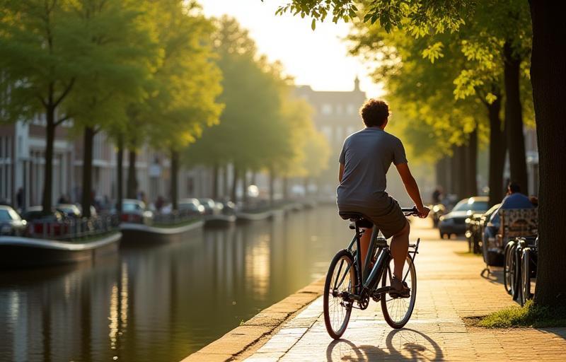 A cyclist smoothly riding a comfortable city bike along a tree-lined canal in Utrecht, with historical buildings in the background. The image conveys a sense of ease, purpose, and integration with the urban environment, representing accessible resources for city cycling.