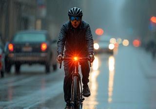 Image showing a cyclist riding comfortably and safely through the rain on a city street, equipped with rain gear and lights.